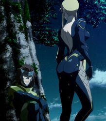  1boy ass blonde_hair bodysuit brown_hair female kasuga ninja sarutobi_sasuke sengoku_basara 