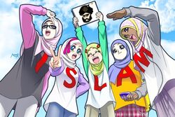  5girls blasphemy blue_eyes blush closed_eyes digital_media_player earphones freckles glasses hijab holding holding_sign islam kurt_westergaard long_sleeves looking_at_viewer muhammad multiple_girls muslim nayzak_al-hilali original pale_skin sign third-party_edit v v_over_eye 