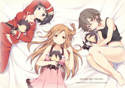  &gt;:) 3girls :o armor asada_shino asuna_(sao) barefoot beam_saber bed_sheet black_eyes black_hair black_iron_great_sword braid breastplate breasts brown_eyes brown_hair character_doll character_name cleavage commentary_request copyright_name dark_repulser doll dress dual_wielding elucidator energy energy_beam energy_sword glasses hair_ornament hairclip hand_on_forehead highres holding holding_sword holding_weapon husband_and_wife itoichi. kagemitsu_g4 kirigaya_suguha kirito kirito_(sao-alo) kirito_(sao-ggo) kunreishiki long_hair lying medium_breasts multiple_girls o_o on_back on_side open_mouth pajamas panties romaji_text see-through short_hair sleepwear smile sword sword_art_online tank_top underwear v-shaped_eyebrows weapon 