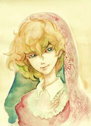  1boy absurdres androgynous anmonaito blonde_hair blue_eyes colored_eyelashes commentary_request curly_hair edgar_portsnell floral_print graphite_(medium) highres looking_at_viewer male_focus painting_(medium) poe_no_ichizoku portrait solo traditional_media veil watercolor_(medium) 