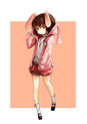  alternate_costume animal_ears brown_hair carrot carrot_necklace commentary_request contemporary female hand_in_pocket hood hoodie inaba_tewi jewelry mary_janes necklace pendant pink_theme rabbit_ears red_eyes shoes short_hair socks solo touhou zhao_shuwen 