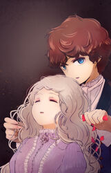  1boy black_background blue_eyes brother_and_sister brown_hair closed_eyes commentary_request curly_hair edgar_portsnell eyeshadow female fingernails flower frills long_hair looking_at_viewer makeup marybell_portsnell no_nose omiomi_kekyu petals platinum_blonde_hair poe_no_ichizoku purple_flower purple_rose rose rose_petals short_hair siblings upper_body victorian wavy_hair 