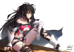  bandaged_arm bandages bare_shoulders belt black_choker black_hair black_thighhighs boots breasts choker collarbone commentary_request dated female highres long_hair medium_breasts messy_hair navel orokanahime signature sitting solo tales_of_(series) tales_of_berseria thighhighs torn_clothes torn_thighhighs underboob velvet_crowe yellow_eyes 