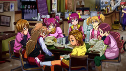  6+girls avengers_(series) bandana bar_(place) broom chair eating food french_fries fresh_precure! fujita_akane futari_wa_precure futari_wa_precure_splash_star hanasaki_tsubomi heartcatch_precure! highres hoshizora_miyuki houjou_hibiki hyuuga_saki in-franchise_crossover leg_up leggings marvel messy misumi_nagisa momozono_love mop multiple_girls parody pink_vest pita_(food) precure precure_all_stars restaurant rotisserie shawarma short_hair sitting smile_precure suite_precure sweeping table vertical_rotisserie very_short_hair vest waguchi_shouka yes!_precure_5 yumehara_nozomi 