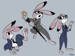  2016 4:3 anthro barefoot biped business_suit clothing disney eggsy_unwin eyewear feet female glasses grey_background holding_object judy_hopps kick kingsman_the_secret_service lagomorph leporid looking_at_viewer mammal multiple_poses pawpads pose purple_eyes rabbit rikuta_tp simple_background smile solo suit umbrella zootopia 