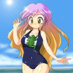  bad_id bad_pixiv_id beach blue_one-piece_swimsuit blurry blush body_blush breasts cloud collarbone covered_navel cowboy_shot day depth_of_field embarrassed female frog gradient_hair hand_up hijiri_byakuren large_breasts long_hair looking_down marisa_to_alice_no_cookie_storia multicolored_hair ocean old_school_swimsuit one-piece_swimsuit orange_hair outdoors photoshop_(medium) purple_hair school_swimsuit shiny_clothes shiny_skin sky solo standing sun swimsuit touhou very_long_hair water wavy_mouth wide-eyed winn yellow_eyes 