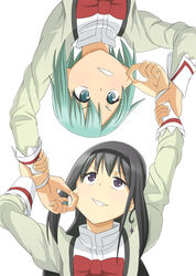  2girls akemi_homura black_hair blue_eyes blue_hair cheek_pinching cheek_pull commentary_request earrings hairband hiroshima_mikan holding_another&#039;s_wrist jewelry long_hair mahou_shoujo_madoka_magica mahou_shoujo_madoka_magica:_hangyaku_no_monogatari miki_sayaka mitakihara_school_uniform multiple_girls photoshop_(medium) pinching purple_eyes school_uniform short_hair single_earring spoilers 