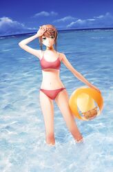  bad_id bad_pixiv_id ball beachball bikini brown_hair eyewear_on_head female green_eyes highres kururi_(oekaki_nikki) official_alternate_costume rita_mordio rita_mordio_(breezy_beach_girl) short_hair standing sunglasses swimsuit tales_of_(series) tales_of_vesperia wading water 