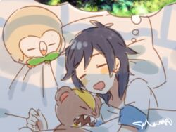  black_hair closed_eyes gen_7_pokemon lowres male_focus naru_(andante) on_bed open_mouth pokemon pokemon_(creature) pokemon_(game) pokemon_sm rowlet shirt signature sleeping striped striped_shirt t-shirt thought_bubble you_(pokemon) yungoos 