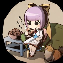  blush_stickers brooch canine chibi commentary_request crab_man doughnut eating female food ghost_trick jewelry kamila_(ghost_trick) lowres missile_(ghost_trick) pomeranian_(dog) purple_hair ribbon skirt solo 