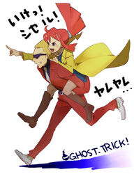  1boy black_eyes boots carrying clenched_teeth coat commentary_request excited female ghost_trick jacket lynne_(ghost_trick) mezashi_(mezasi) necktie open_mouth pants pantyhose piggyback pointing pointy_hair red_hair red_pants ribbon running sissel_(ghost_trick) sunglasses sweat teeth translated trench_coat 