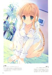  absurdres all_fours aqua_eyes bare_legs barefoot bed bed_sheet blonde_hair blush braid braided_ponytail breasts cleavage collarbone female highres indoors long_hair long_sleeves looking_at_viewer medium_breasts mitsumi_misato official_art page_number plant scan shirt silfa_(to_heart) single_braid solo sunlight to_heart_(series) to_heart_2 to_heart_2_ad white_shirt 