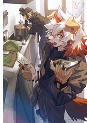  2boys arknights bara cabbage chinese_commentary colored_tips commentary_request cooking counter cutting_board dragon_boy furry furry_male highres holding holding_ladle holding_notepad horns hung_(arknights) indoors kitchen knife komainu_boy komainu_ears komainu_tail ladle lee_(arknights) looking_at_phone male_focus multicolored_hair multiple_boys mythological_creature notepad phone refrigerator single_horn sink talking_on_phone watch wristwatch xiao_(creation0528) 