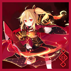  black_gloves black_skirt blonde_hair cape eke&#039;e female fire gloves hair_between_eyes hair_tie hiragi_rin holding holding_sword holding_weapon long_hair long_sleeves magic pale_skin photoshop_(medium) pixiv_fantasia pixiv_fantasia_last_saga red_background red_cape red_eyes side_ponytail skirt smile solo standing standing_on_one_leg sword weapon 