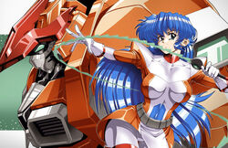  1990s_(style) armor belt belt_pouch blue_eyes blue_hair bodysuit breasts collarbone dennis_pulido energy_sword female flame_(panzer_paladin) gloves grit_(panzer_paladin) holding holding_weapon impossible_bodysuit impossible_clothes large_breasts long_hair looking_at_viewer mecha multicolored_bodysuit multicolored_clothes no_headwear orange_bodysuit outstretched_arm panzer_paladin pouch retro_artstyle robot shoulder_armor skindentation skirt sword thigh_gap weapon whip_sword white_bodysuit white_gloves 