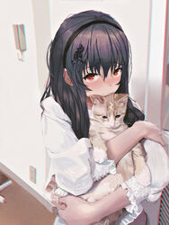  animal animal_hug black_hair black_hairband blush brown_cat cat_hair_ornament chromatic_aberration closed_mouth commentary_request electrical_outlet embarrassed feline female film_grain from_above hair_between_eyes hair_ornament hairband hairclip highres indoors kimi_to_kanojo_to_kanojo_no_koi. long_hair long_sleeves looking_at_viewer photoshop_(medium) puffy_long_sleeves puffy_sleeves red_eyes revision shirt smile solo sone_miyuki tifg39 upper_body white_shirt 