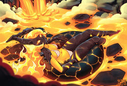  absurdres bikini breasts colored_skin dark_skin female fiery_hair full_body highres horns lava lava_bath looking_at_viewer lying medium_breasts navel no_mouth on_back orange_skin original solo striped_bikini striped_clothes swimsuit zliva 