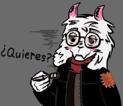  &iquest;quieres? anonymous_artist anthro blush bovid caprine clothed clothing deltarune dialogue drugs eyewear fur glasses goat grey_background horn jacket lifeweb looking_at_viewer male mammal marijuana mario_smoking_weed meme offering_to_viewer patch_(fabric) pink_horn ralsei ralsei_smoking_blunt red_eyes red_scarf scarf simple_background smile smoke solo spanish_text text topwear translated undertale_(series) 