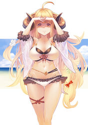  ahoge anila_(granblue_fantasy) anila_(summer)_(granblue_fantasy) armpits arms_up beach bikini blonde_hair blue_sky blunt_bangs breasts cleavage cloud day detached_sleeves draph female flower granblue_fantasy hair_flower hair_ornament hair_ribbon highres horns large_breasts layered_bikini leg_ribbon long_hair looking_at_viewer official_alternate_costume outdoors photoshop_(medium) red_ribbon ribbon sheep_horns shimotsuki_eight short_eyebrows skindentation sky smile solo standing swimsuit thigh_ribbon very_long_hair white_bikini yellow_eyes 