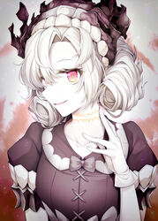  abyssal_ship anzio_princess collarbone colored_skin commentary_request dress female gloves hair_between_eyes kantai_collection orange_eyes puffy_short_sleeves puffy_sleeves rui_shi_(rayze_ray) short_hair short_sleeves smile solo stitched_neck stitches upper_body white_gloves white_hair white_skin 