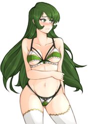  absurdres alternate_costume arm_under_breasts ass_visible_through_thighs bare_shoulders blush bra breasts cleavage cowboy_shot erinys_(fire_emblem) female fire_emblem fire_emblem:_genealogy_of_the_holy_war frilled_bra frills green_eyes green_hair green_panties highleg highleg_panties highres long_hair looking_to_the_side medium_breasts navel panties simple_background solo thighhighs thighs tridisart underboob underwear white_panties 