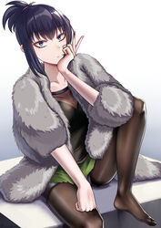  black_hair black_pantyhose blue_eyes clenched_hand collarbone eyeshadow feet female foot_out_of_frame fur green_skirt hand_on_own_face highres kutsuda_miru legs makeup no_shoes original pantyhose red_eyeshadow red_nails see-through see-through_legwear see-through_shirt shirt sitting skirt solo toes 