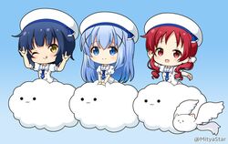  ._. 3girls :3 :d ;q \m/ angora_rabbit animal arm_up beret black_hair blue_background blue_eyes blue_hair blue_neckerchief blush brown_eyes chibi chimame-tai closed_mouth cloud commentary_request crown double_\m/ feathered_wings gochuumon_wa_usagi_desu_ka? gradient_background hair_ornament hand_up hat jouga_maya kafuu_chino kafuu_chino&#039;s_school_uniform long_hair looking_at_viewer low_twintails mini_crown mitya multiple_girls natsu_megumi neckerchief one_eye_closed open_mouth puffy_short_sleeves puffy_sleeves rabbit red_eyes red_hair ringlets sailor_collar scar scar_across_eye scar_on_face school_uniform serafuku shirt short_sleeves skirt smile solid_circle_eyes tippy_(gochiusa) tongue tongue_out twintails twitter_username very_long_hair white_headwear white_sailor_collar white_serafuku white_shirt white_skirt white_wings winged_animal wings x_hair_ornament 