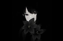  black_background black_hair black_theme blending commentary_request covered_mouth dark empty_eyes facing_viewer female flower hair_ornament hairpin horror_(theme) idolmaster idolmaster_shiny_colors kamchatka_lily kazano_hiori lily_(flower) looking_to_the_side monochrome portrait simple_background skanda0heaven solo 