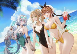  3girls :d absurdres atelier_(series) atelier_ryza atelier_ryza_1 basu_(zhusanan) beach bikini black_one-piece_swimsuit blonde_hair breasts brown_eyes brown_hair claws cleavage collarbone covered_navel crossed_bangs cup day disposable_cup eye_contact eyewear_on_head food green_eyes green_one-piece_swimsuit grey_hair hair_between_eyes hair_ornament hair_ribbon hairclip heterochromia highleg highleg_swimsuit highres holding holding_cup holding_hands huge_breasts jewelry klaudia_valentz large_breasts lila_decyrus long_hair looking_at_another looking_at_viewer low_twintails medium_breasts multi-strapped_bikini multiple_girls navel necklace ocean one-piece_swimsuit open_mouth outdoors palm_leaf parted_lips ponytail popsicle purple_eyes red_eyes reisalin_stout ribbon see-through see-through_vest short_hair sky smile star_(symbol) star_necklace sunglasses swimsuit twintails very_long_hair vest white_headwear white_ribbon white_vest yellow_bikini 