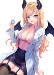  :d adju_ster arm_support black_horns black_thighhighs black_wings blonde_hair blue_eyes blue_skirt blush breast_tattoo breasts center_frills cleavage coat collared_shirt commentary demon_girl demon_horns demon_wings female frills garter_straps hand_up highres holding holding_stethoscope hololive horns lab_coat large_breasts long_hair looking_at_viewer open_clothes open_coat open_mouth pink_shirt pointy_ears shirt shirt_tucked_in simple_background sitting skirt smile solo stethoscope swept_bangs tattoo thighhighs virtual_youtuber white_background winged_heart wings yuzuki_choco yuzuki_choco_(1st_costume) 