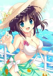  :d aqua_eyes armpits asakura_hayate bare_shoulders bikini blue_eyes blush braid breasts brown_hair cleavage cloud cloudy_sky collarbone commentary_request cowboy_shot day dolphin female flower front-tie_bikini_top front-tie_top green_sarong hand_on_railing hat hat_flower jewelry large_breasts looking_at_viewer momoiro_taisen_pairon navel necklace ocean open_mouth outdoors outstretched_arms print_sarong reaching reaching_towards_viewer sarong shinonome_honoka shiny_skin short_hair sidelocks sky smile solo sparkle straw_hat summer sun_hat swimsuit thighs twin_braids twisted_torso water white_bikini 