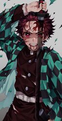  1boy black_pants blood blood_from_mouth blood_on_face bright_pupils bruise bruise_on_face checkered_haori clenched_teeth commentary_request demon_slayer_uniform earrings fighting_stance ha_youn haori highres holding holding_sword holding_weapon injury japanese_clothes jewelry kamado_tanjirou katana kimetsu_no_yaiba looking_at_viewer male_focus pants red_eyes red_hair simple_background solo sword teeth torn_clothes weapon white_pupils 