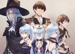  3boys 3girls absurdres adam_(granblue_fantasy) ahoge artist_name black_gloves black_headwear blue_eyes blue_hair braid breasts brown_hair choker closed_eyes closed_mouth collarbone commentary earrings elbow_gloves english_commentary epaulettes gloves gradient_background granblue_fantasy hair_between_eyes hair_over_one_eye hair_over_shoulder hat head_tilt highres jewelry lloyd_(granblue_fantasy) loki_(granblue_fantasy) long_hair looking_at_viewer low_ponytail mask medium_breasts mengo mini_hat multiple_boys multiple_girls necklace orchis own_hands_clasped own_hands_together parted_lips profile queen_orchis red_eyes short_hair sideboob signature tiara top_hat twintails v-shaped_eyebrows zwei_(shingeki_no_bahamut) 