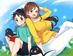  1boy :o aoyama-kun_(penguin_highway) bird black_eyes black_hair book brown_hair day female grass long_sleeves meesuke onee-san_(penguin_highway) outdoors pants penguin penguin_highway shirt shorts sitting t-shirt white_pants yellow_shirt 