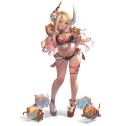  alpha_transparency bare_shoulders bikini black_bikini blonde_hair blush breasts cleavage dark-skinned_female dark_skin draph female flower full_body granblue_fantasy hair_flower hair_ornament horns kumbhira_(granblue_fantasy) kumbhira_(summer)_(granblue_fantasy) large_breasts layered_bikini long_hair looking_at_viewer minaba_hideo navel official_alternate_costume official_art piglet pointy_ears smile standing swimsuit transparent_background 