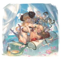  2girls ahoge alpha_transparency anila_(granblue_fantasy) anila_(summer)_(granblue_fantasy) barefoot bikini black_bikini blonde_hair blue_sky blunt_bangs blush breasts butt_crack cleavage dark-skinned_female dark_skin day draph flower granblue_fantasy hair_flower hair_ornament horns kumbhira_(granblue_fantasy) kumbhira_(summer)_(granblue_fantasy) large_breasts long_hair lying minaba_hideo multiple_girls ocean official_alternate_costume official_art oil on_stomach one_eye_closed open_mouth outdoors piglet pillow pointy_ears red_bikini sheep_horns sky smile strap_slip swimsuit transparent_background very_long_hair yellow_eyes 