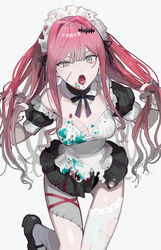  absurdres alternate_costume baobhan_sith_(fate) black_footwear black_nails breasts dress enmaided fate/grand_order fate_(series) female grey_eyes hands_in_hair highres kitou_saji long_hair maid maid_headdress oerba_yun_fang open_mouth paint_on_clothes paint_splatter pink_hair simple_background single_thighhigh solo stitched_face stitched_leg stitches thigh_gap thighhighs torn_clothes torn_dress torn_thighhighs white_thighhighs 