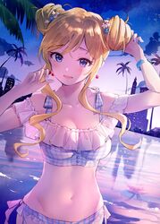  arm_up bikini blonde_hair blue_bikini blue_eyes blue_nails bracelet breasts building cloud collarbone double_bun earrings female flower frilled_bikini frills gradient_sky groin hair_bun hair_flower hair_ornament highres idolmaster idolmaster_cinderella_girls idolmaster_cinderella_girls_starlight_stage jewelry long_hair looking_at_viewer medium_breasts nail_polish navel ohtsuki_yui open_mouth outdoors palm_tree sidelocks sky solo stomach sunset swimsuit takeashiro tree upper_body water wavy_hair 