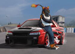  anthro car clothed clothing detailed_background footwear full-length_portrait fully_clothed leaning_on_object male nissan nissan_skyline portrait sergal solo syvelldasergal_(lyrusfirewolf) tail vehicle xussurix 