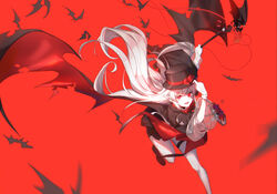  absurdres alternate_costume arknights black_hat blood cape chinese_commentary commentary_request female gloves hair_between_eyes halloween hat highres holding holding_staff jacket long_hair looking_at_viewer official_alternate_costume open_mouth pale_skin pointy_ears red_eyes running see-through smile solo staff stitches thigh_strap vampire very_long_hair warfarin_(arknights) warfarin_(the_feast)_(arknights) white_gloves white_hair yumuto_(spring1786) 