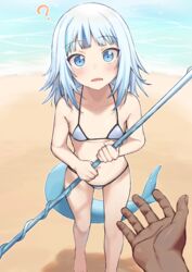  1boy absurdres beach bikini blue_eyes blue_hair blush female fins fish_tail gawr_gura highres holding holding_polearm holding_weapon hololive hololive_english kiyu_rei looking_at_viewer micro_bikini multicolored_hair navel outdoors parted_lips polearm pov pov_hands shark_tail sharp_teeth standing streaked_hair swimsuit tail teeth upper_teeth_only virtual_youtuber weapon white_bikini 