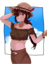  arai_ako black_border black_eyes black_hair blue_shirt blue_sky border bracelet brown_hat brown_skirt cloud cloudy_sky commentary crop_top dark-skinned_female dark_skin day female frilled_shirt frills girls_und_panzer hair_over_one_eye hand_on_own_head hat hat_feather highres jewelry long_hair looking_at_viewer midriff navel off-shoulder_shirt off_shoulder ogin_(girls_und_panzer) outside_border pencil_skirt ponytail shirt skirt sky solo standing straw_hat upper_body 