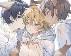  2boys animal_ears bad_id bad_twitter_id black_eyes black_hair blonde_hair blush brown_eyes brown_hair closed_mouth e.g.o_(project_moon) female fox_boy fox_ears fox_girl fox_tail hood hood_down inactive_account licking_another&#039;s_hair limbus_company long_sleeves maratang multiple_boys one_eye_closed outis_(project_moon) project_moon sinclair_(project_moon) tail upper_body white_raincoat yellow_eyes yi_sang_(project_moon) 