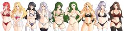  6+girls absurdres altena_(fire_emblem) alternate_costume angry annand_(fire_emblem) ass_visible_through_thighs ayra_(fire_emblem) bandana bare_shoulders bikini black_bikini black_bra black_gloves black_hair black_panties blonde_hair blush bra breasts bridal_gauntlets brigid_(fire_emblem) brown_eyes brown_hair circlet cleavage clenched_hand collarbone commentary cowboy_shot deirdre_(fire_emblem) edain_(fire_emblem) elbow_gloves embarrassed english_commentary erinys_(fire_emblem) ethlyn_(fire_emblem) fingerless_gloves fire_emblem fire_emblem:_genealogy_of_the_holy_war fire_emblem:_thracia_776 gloves green_eyes green_hair green_panties grey_hair hand_on_own_chest hand_on_own_hip hands_on_own_hips headband highres ishtar_(fire_emblem) jewelry large_breasts light_purple_hair lingerie long_hair looking_at_viewer looking_to_the_side medium_breasts medium_hair mother_and_daughter multiple_girls navel own_hands_together panties ponytail purple_eyes purple_hair purple_panties red_bra red_eyes red_hair red_panties see-through siblings simple_background smile standing stomach swimsuit thighhighs thighs tridisart twins two-tone_bikini underwear very_long_hair wavy_hair white_background white_bra white_negligee white_panties yellow_bikini yellow_panties zettai_ryouiki 