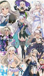  2girls absurdres angry arm_guards armor armored_leotard ass_visible_through_thighs aura bikini bikini_skirt blonde_hair breasts cape cleavage corrin_(female)_(adrift)_(fire_emblem) corrin_(female)_(fire_emblem) corrin_(female)_(halloween)_(fire_emblem) corrin_(female)_(ninja)_(fire_emblem) corrin_(female)_(nohr_noble)_(fire_emblem) corrin_(female)_(resplendent)_(fire_emblem) corrin_(female)_(summer)_(fire_emblem) corrin_(fire_emblem) elise_(fire_emblem) elise_(ninja)_(fire_emblem) fangs fire_emblem fire_emblem_fates fire_emblem_heroes flower flower_necklace glowing glowing_eyes grey_hair hair_flower hair_ornament hairband hat highres long_hair multiple_girls multiple_persona official_alternate_costume pointy_ears pomme_(lazzledazzle) red_eyes smile swimsuit thigh_gap thighhighs very_long_hair water witch_hat 