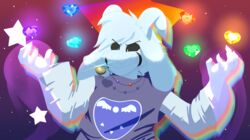  5_fingers absurd_res anthro artesderatzyu asriel_dreemurr_(god_form) black_sclera boss_monster_(undertale) bovid caprine clothing fangs fingers floppy_ears fur hi_res horn jewelry male mammal necklace robe shirt solo star teeth topwear tunic undertale undertale_(series) white_body white_fur 