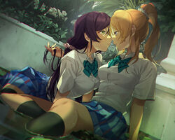  2girls ayase_eri blonde_hair green_eyes kneehighs long_hair love_live!_school_idol_project ponytail purple_hair school_uniform shoujo_ai skirt tears tie toujou_nozomi water wet zawawa_(satoukibi1108) 