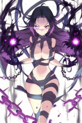  1000marie black_sclera breasts chains cleavage colored_sclera dark_persona female glowing glowing_eyes gradient highres large_breasts long_hair mismatched_sclera naked_ribbon navel official_art parted_bangs purple_eyes purple_hair ravian_(soccer_spirits) resized ribbon soccer_spirits solo transparent_background upscaled very_long_hair 