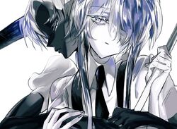  2others androgynous behind_another black_skin cairngorm_(houseki_no_kuni) collared_shirt colored_eyelashes colored_skin eyelashes frown gem_uniform_(houseki_no_kuni) ghost_quartz_(houseki_no_kuni) grey_eyes grey_hair hair_over_one_eye hand_on_another&#039;s_arm head_tilt highres holding houseki_no_kuni hug hug_from_behind looking_at_viewer marino_(oyasumi) multiple_others necktie other_focus parted_hair parted_lips puffy_sleeves shirt short_hair short_hair_with_long_locks suspenders white_shirt white_skin 