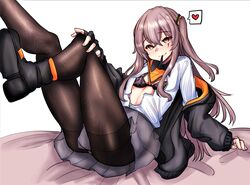  absurdres bed_sheet black_bra black_footwear black_gloves black_jacket black_pantyhose black_skirt boots bra breasts brown_hair english_commentary female fingerless_gloves foot_out_of_frame girls&#039;_frontline gloves heart highres jacket long_hair moire mouth_hold off_shoulder one_side_up open_clothes open_shirt panties panties_under_pantyhose panty_peek pantyhose peroronti ribbon ribbon_in_mouth scar scar_across_eye shirt simple_background skirt small_breasts smile solo speech_bubble ump45_(girls&#039;_frontline) underwear white_shirt yellow_eyes 